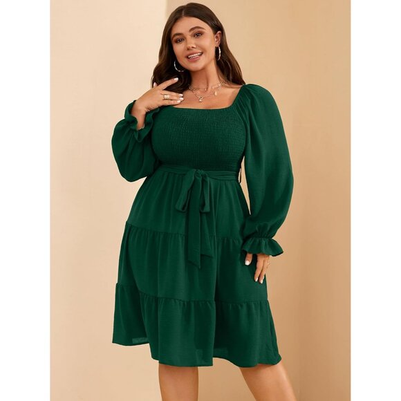 Plus Size Fall Dress Women Long Sleeve Smocked Square Neck A-Line Party - Picture 4 of 8